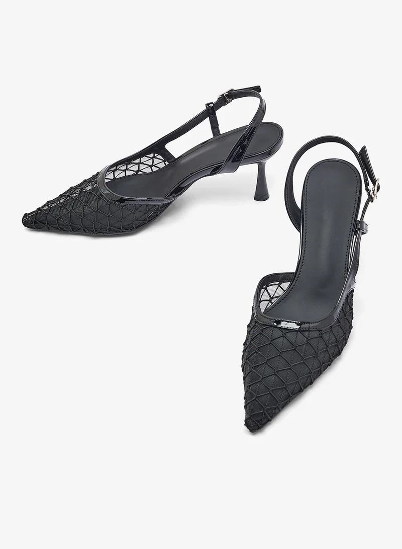 ELLA Black Net Detail Kitten Heel Sling Back Pumps for Women | Best Price UAE
